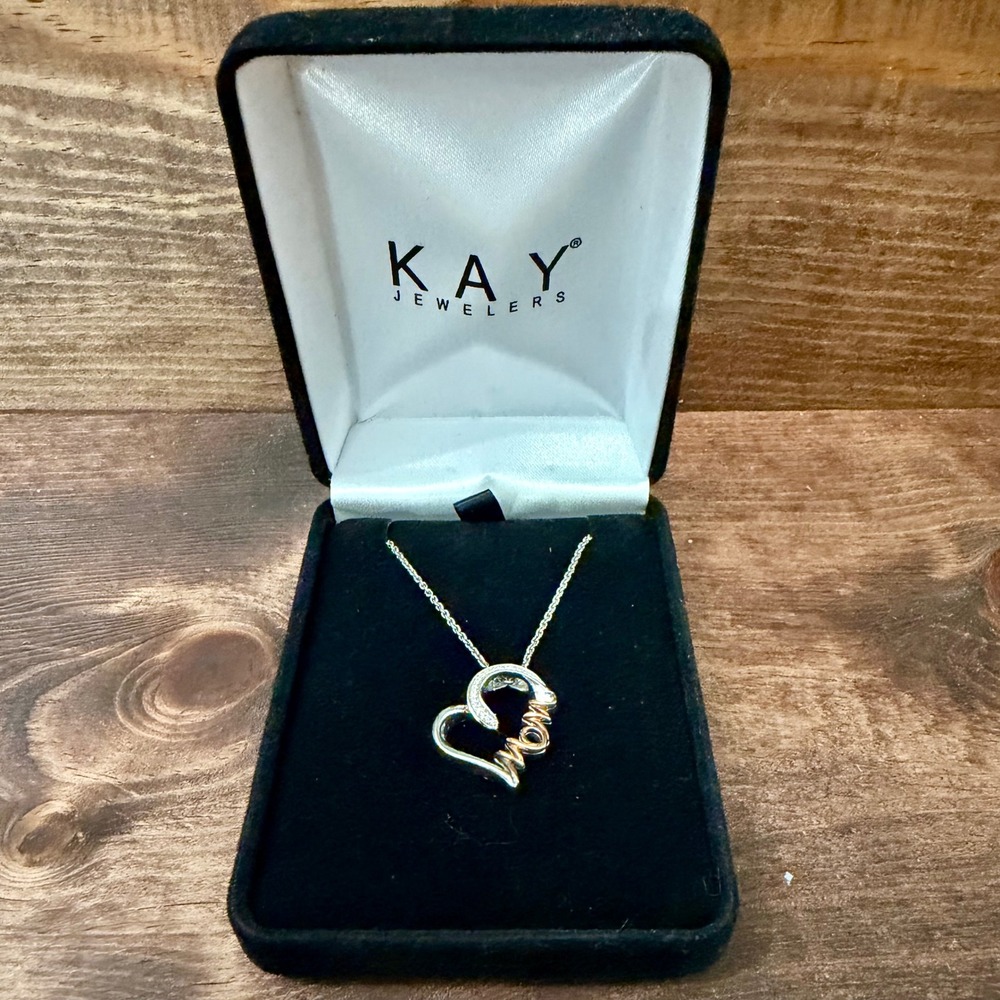 Kay Jewelers Hallmark Sterling Silver Two Tone Diamond Mom Heart Necklace 925